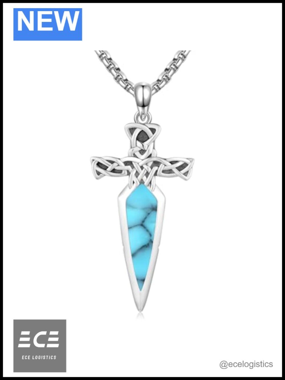 925 Sterling Silver Sword Necklace Turquoise Dagger Pendant Celtic Knot 22+2"